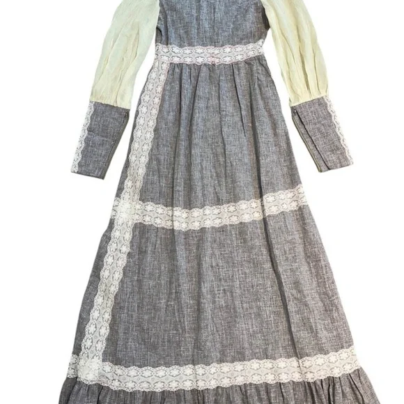 1970s Gunne Sax Brown Beige Lace Prairie Boho Cottage Maxi Dress - Picture 5 of 7
